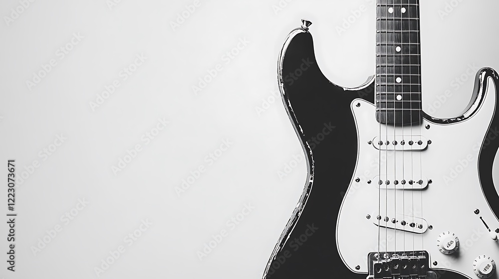 Naklejka premium A close-up shot in black and white of a classic electric guitar, featuring ample blank space for text.