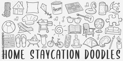 Staycation Doodle Icons. Hand Made Line Art. Home Vacations Clipart Logotype Symbol Design.