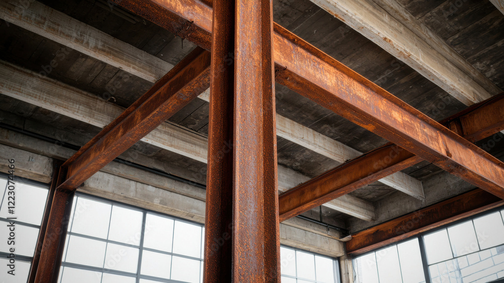 Representations of Rust Concept, Rusty steel beams in industrial loft with large windows and concrete ceiling Representations of Rust Concept, Rusty steel beams in industrial loft with large windows and concrete ceiling