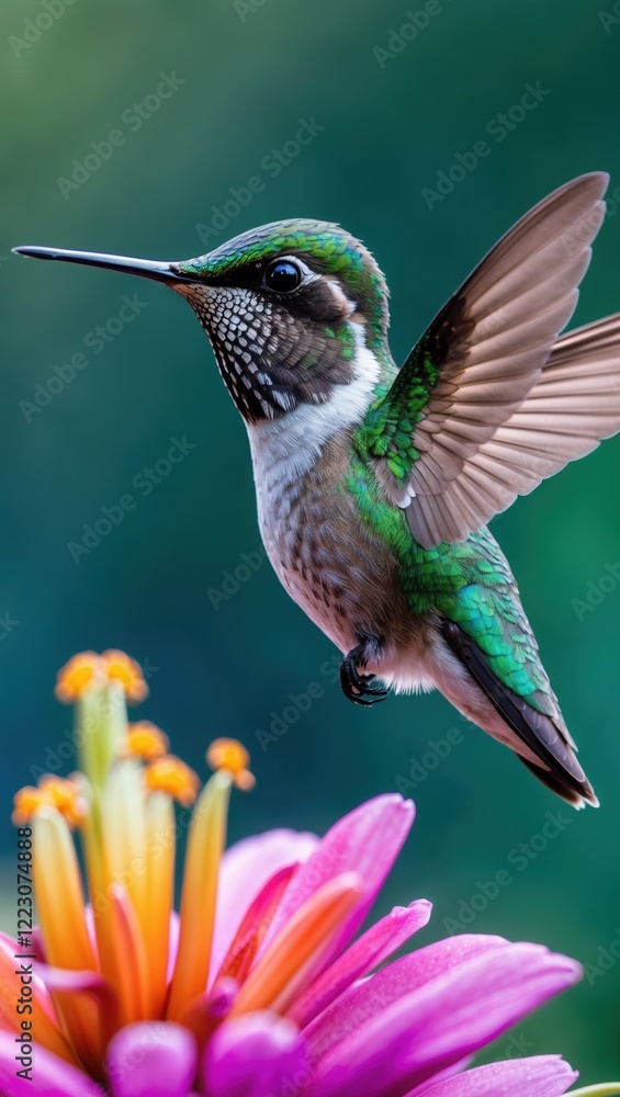 Fototapeta premium Vibrant Hummingbird and Colorful Flower in Nature