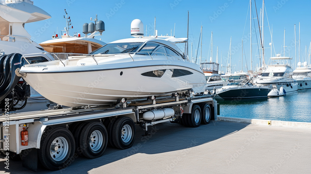 Fototapeta premium A sleek motorboat rests on a trailer at a bustling marina filled with various boats. The bright sun casts reflections on the water while masts of sailing vessels rise in the background