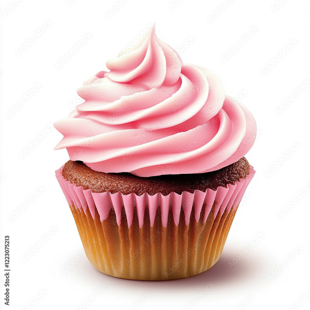 Delicious cupcake with a swirl of creamy pink frosting on a chocolate base. Delicious cupcake with a swirl of creamy pink frosting on a chocolate base.