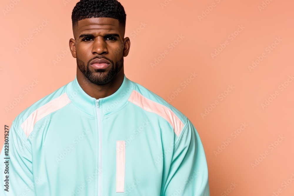 Obraz premium Confident Young Black Man in Pastel Green Tracksuit Against Peach Background