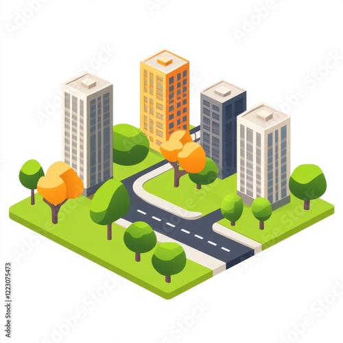 Isometric illustration of urban streets with buildings and greenery. photo