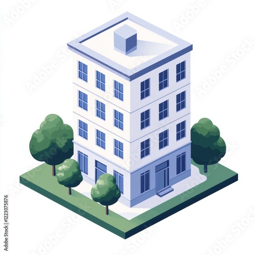 Isometric view of a modern white building with trees and a clean design. photo