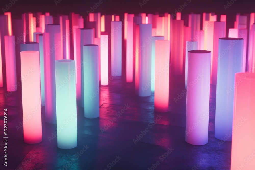 Colorful Neon Lights in Dark Space with Glowing Cylindrical Shapes Colorful Neon Lights in Dark Space with Glowing Cylindrical Shapes