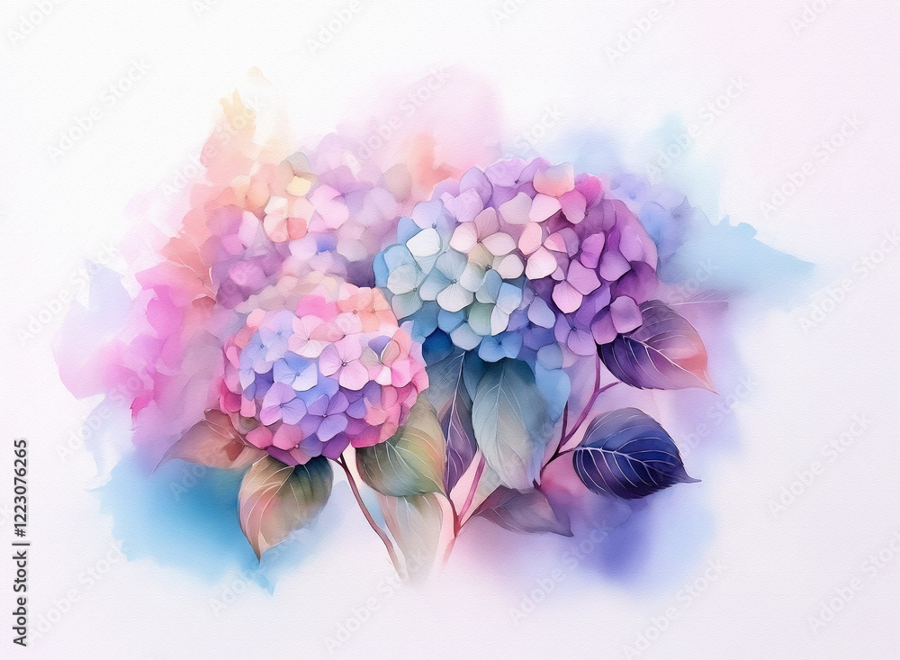 Pastel hydrangeas in a watercolor style, soft hues of pink, purple, and blue. Delicate blooms and leaves, dreamy and ethereal. Pastel hydrangeas in a watercolor style, soft hues of pink, purple, and blue. Delicate blooms and leaves, dreamy and ethereal.