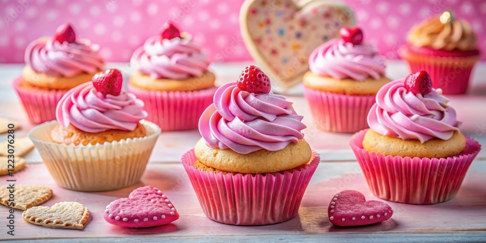 Colorful cupcakes with heart-shaped cookies and pink frosting on a table, birthday cake, valentines day cupcake Colorful cupcakes with heart-shaped cookies and pink frosting on a table, birthday cake, valentines day cupcake