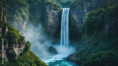 Majestic waterfall in turquoise pool amidst lush greenery and misty cliffs.