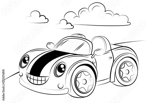 A digital vector illustration of sports car. Cartoon style illustration, black and white, ideal for coloring and children's books.