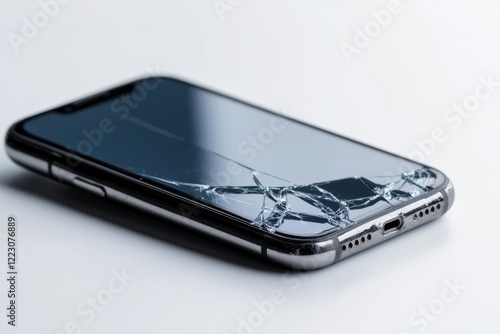 Smartphone with cracked screen lying on flat surface symbolizing damage and potential repair needs photo