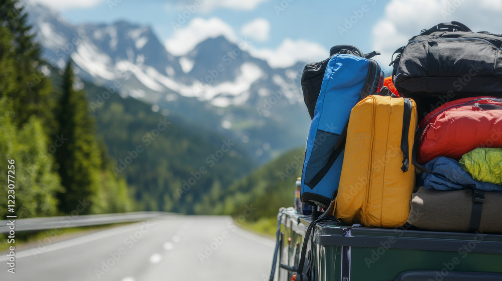 A vibrant collection of backpacks rests on top of a vehicle, ready for an outdoor journey on a winding mountain road. Lush greenery and majestic peaks provide a stunning backdrop A vibrant collection of backpacks rests on top of a vehicle, ready for an outdoor journey on a winding mountain road. Lush greenery and majestic peaks provide a stunning backdrop
