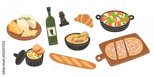 Traditional French Cuisine Set: Ratatouille, Tarte Flambee, Oeufs Cocotte with Tarragon, Onion Soup, Cheese Platter, Wine, Croissant, and Salt