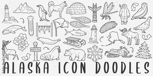 Alaska Travel Doodle Icons. Hand Drawn Made Line Art. Alaskan Theme Clipart Symbol Design.