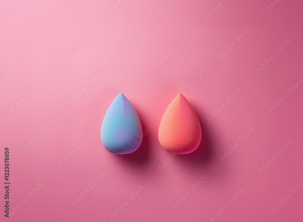 Two teardrop-shaped objects, one light blue and one coral, sit on a pink background. Their smooth surfaces and soft pastel colors create a minimalist, elegant aesthetic. Two teardrop-shaped objects, one light blue and one coral, sit on a pink background. Their smooth surfaces and soft pastel colors create a minimalist, elegant aesthetic.