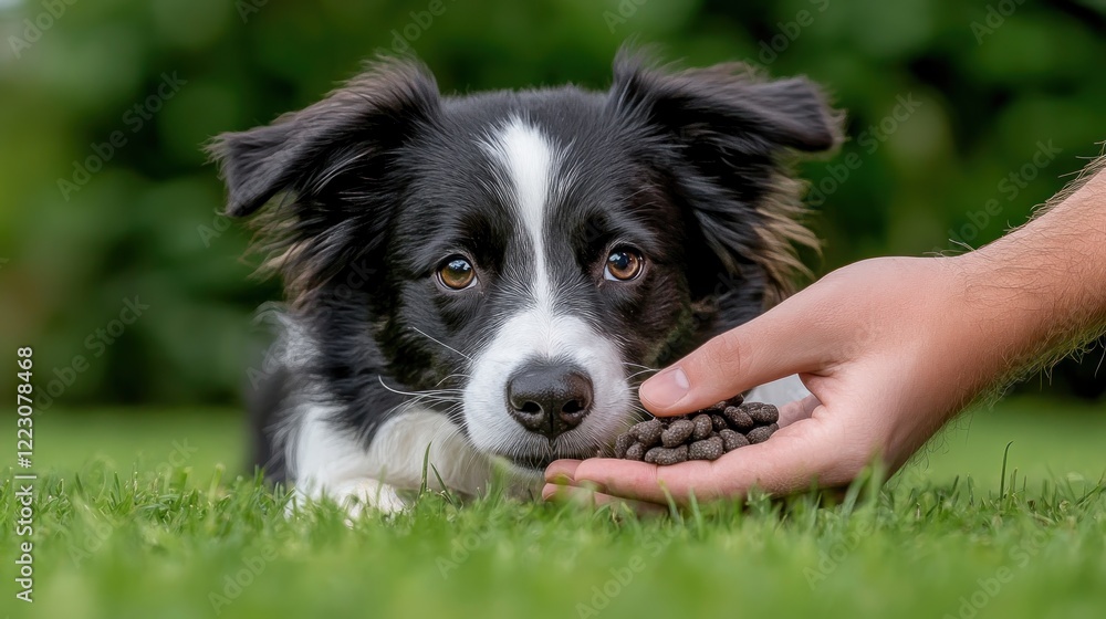 Explore pet health and exercise training with a border collie showing advanced obedience commands on a grassy field, guided by an experienced trainer Witness the focus and precision of a well-trained