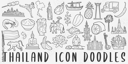 Thailand Doodle Icons. Hand Drawn Made Line Art. Thai Theme Clipart Symbol Design.