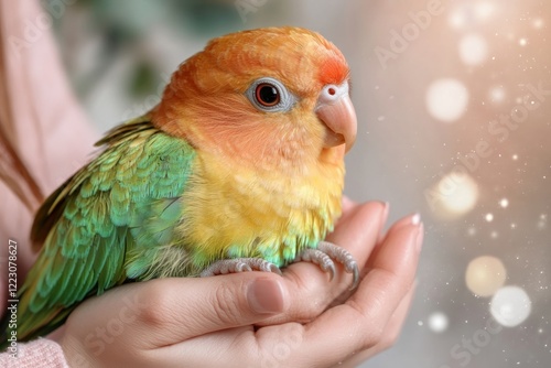 Explore the heartwarming connection of pet bonding and communication indoors, where a pet owner gently teaches their vibrant parrot new words within the cozy ambiance of a colorful living room This photo