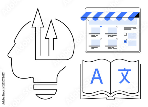 Bulb-shaped human head with arrows, open book with A and , and online storefront window. Ideal for innovation, e-learning, education, multilingualism, e-commerce growth, global business creative
