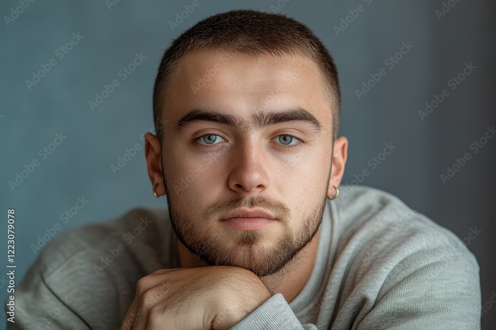 Pensive Young Man with Blue Eyes, Close-Up Portrait Pensive Young Man with Blue Eyes, Close-Up Portrait