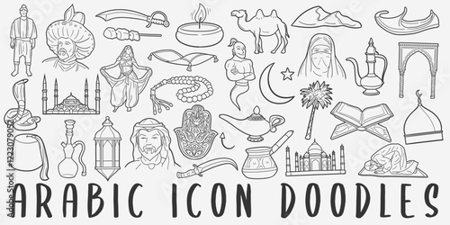 Arabian Doodle Icons Black and White Line Art. Arabic Clipart Hand Drawn Symbol Design.