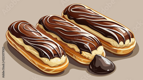 Photorealistic chocolate éclairs with glossy dark chocolate and white drizzle on a white table surface, featuring creamy custard filling and soft lighting.