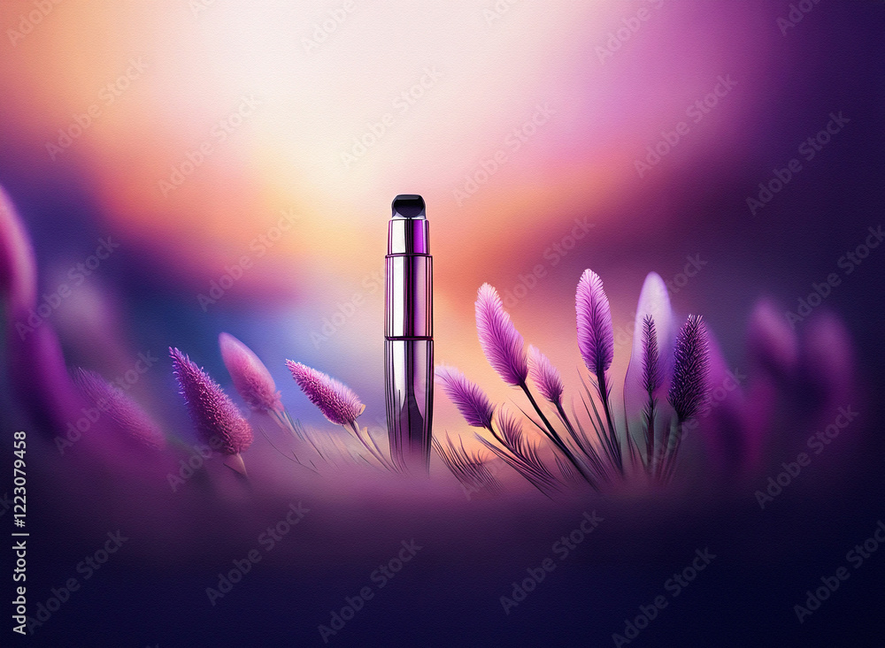 A sleek, dark purple cosmetic tube stands amidst a field of soft purple wildflowers, bathed in the warm glow of a sunset. The scene evokes serenity and natural beauty. A sleek, dark purple cosmetic tube stands amidst a field of soft purple wildflowers, bathed in the warm glow of a sunset. The scene evokes serenity and natural beauty.
