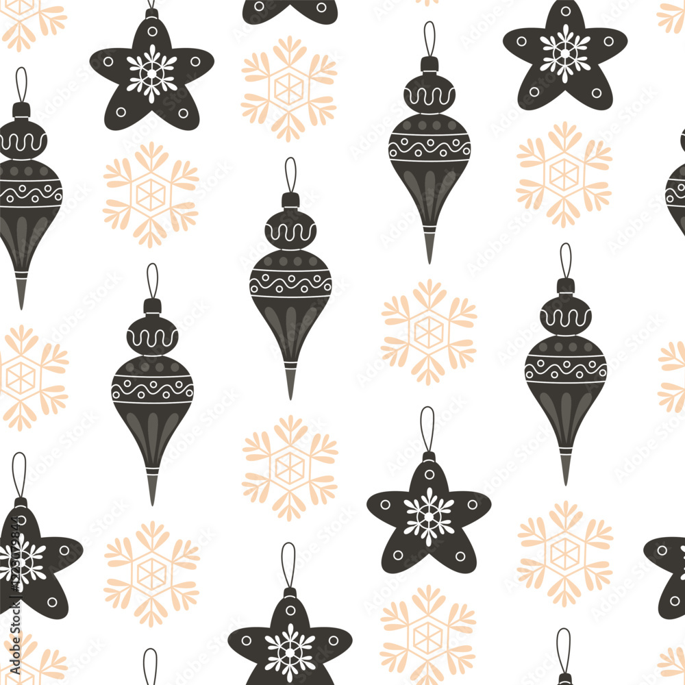 Fototapeta premium Seamless Christmas Pattern with Snowflakes and Tree Ornaments