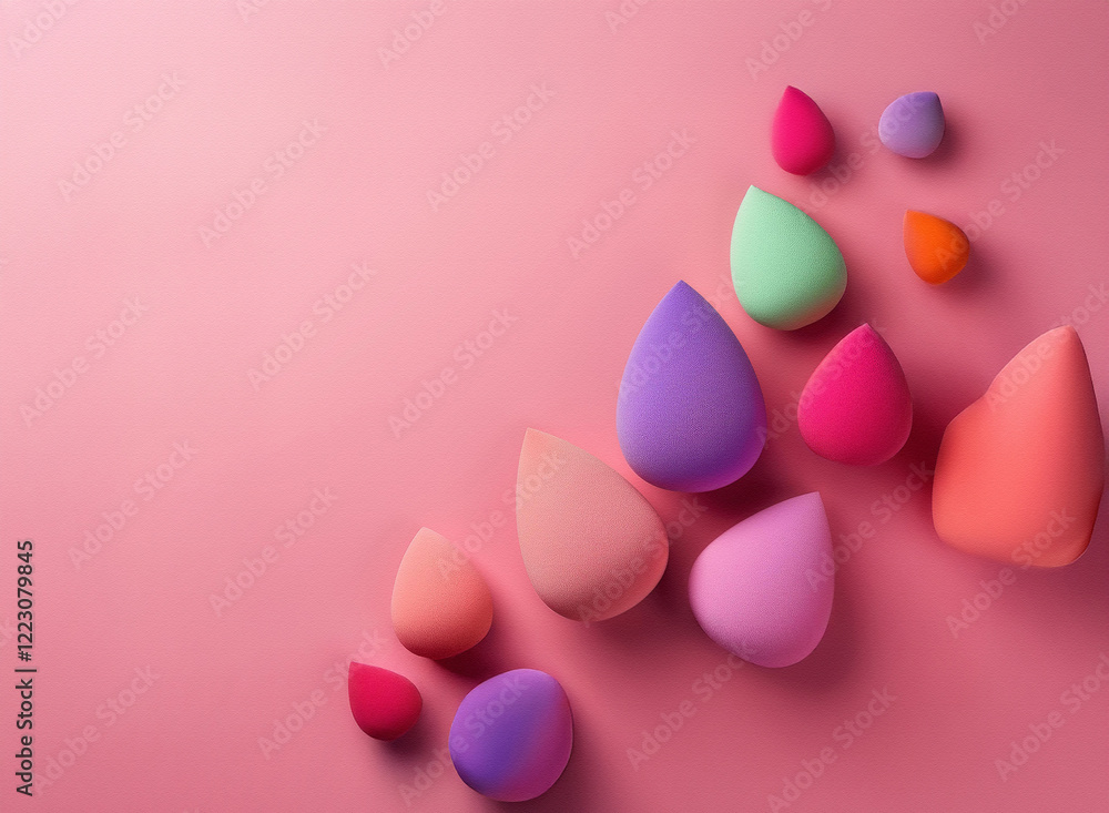 Colorful teardrop-shaped makeup sponges scattered on a pink background. A vibrant and playful image suggesting beauty and cosmetics. Colorful teardrop-shaped makeup sponges scattered on a pink background. A vibrant and playful image suggesting beauty and cosmetics.