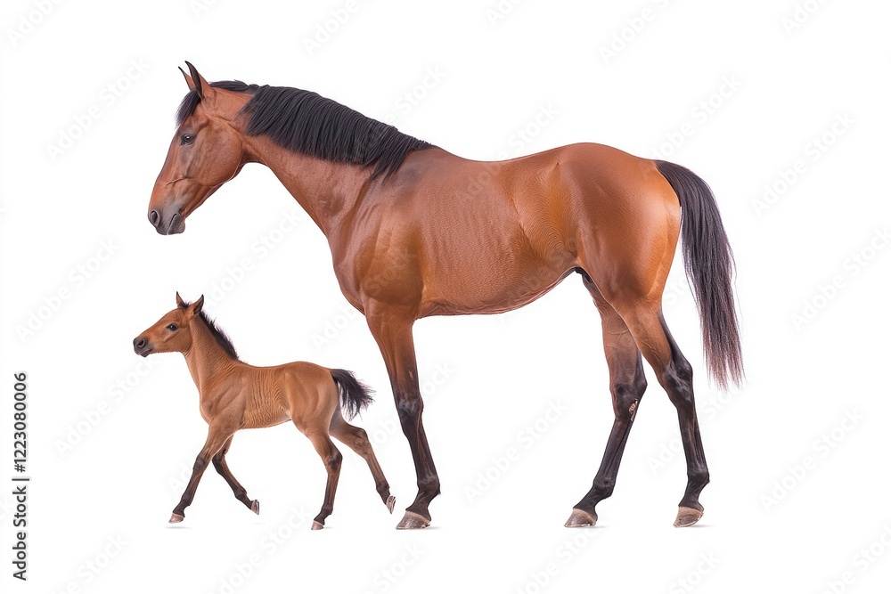 A mare and her foal walking together on a white background, showcasing their bond and grace A mare and her foal walking together on a white background, showcasing their bond and grace