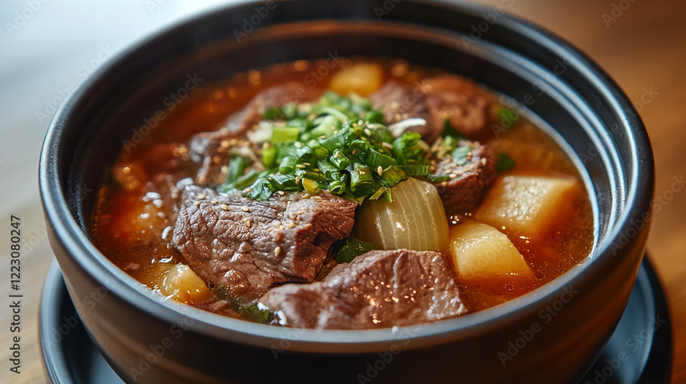 Delicious beef stew served in a traditional bowl with vegetables and herbs Delicious beef stew served in a traditional bowl with vegetables and herbs