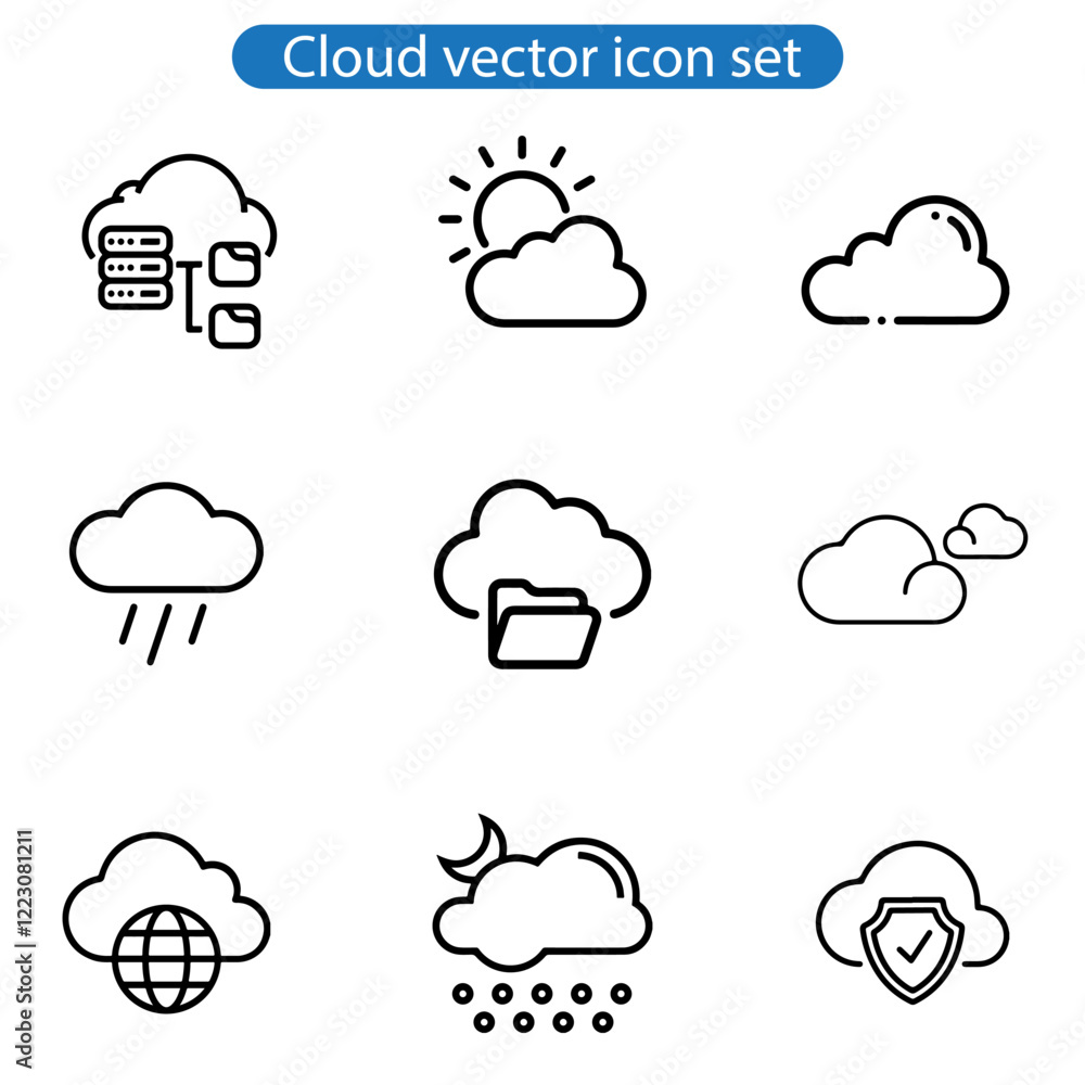 Cloud vector art icon. Set of icons for data storage, download, upload, database, server on white background.
Cloud vector art icon. Set of icons for data storage, download, upload, database, server on white background.