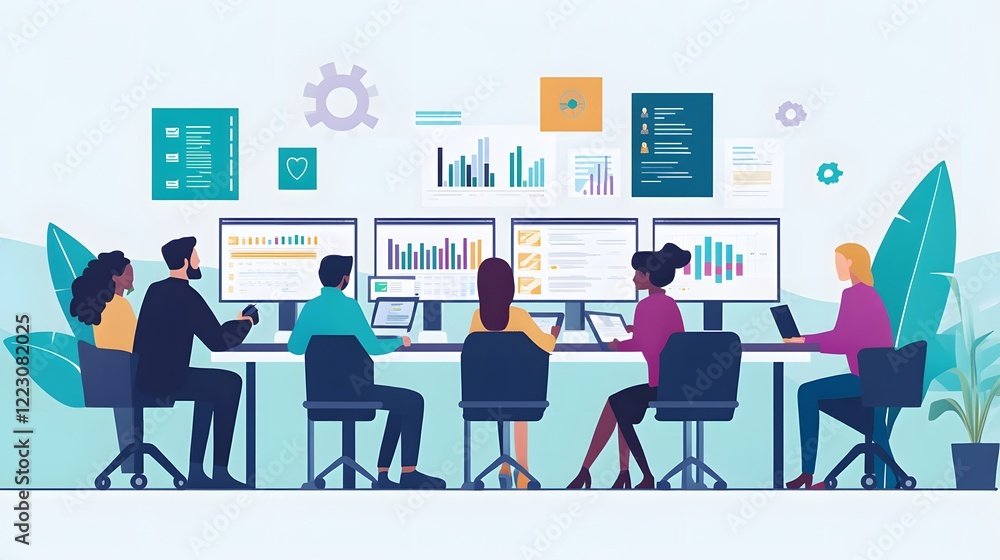 Team of diverse professionals collaborating at a modern conference table, vibrant workspace, creative brainstorming session. Team of diverse professionals collaborating at a modern conference table, vibrant workspace, creative brainstorming session.