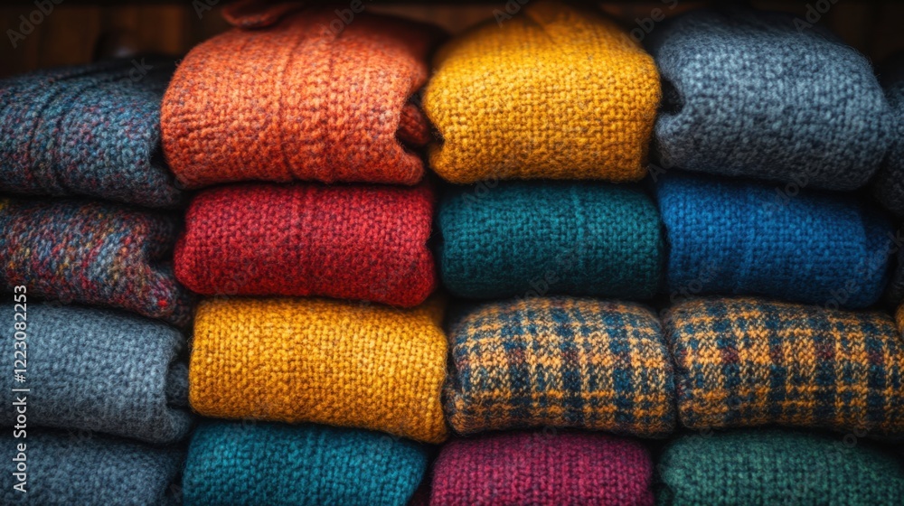 Colorful knitted sweaters neatly stacked on shelves in a cozy shop setting with warm lighting Colorful knitted sweaters neatly stacked on shelves in a cozy shop setting with warm lighting