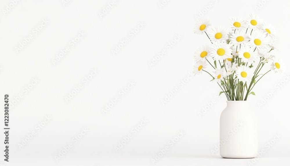 A serene arrangement of white daisies in a minimalist vase on a clean background, evoking tranquility A serene arrangement of white daisies in a minimalist vase on a clean background, evoking tranquility