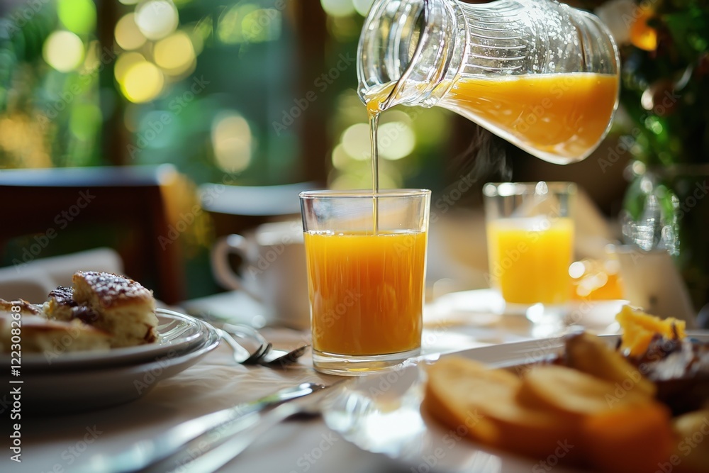 Pouring orange juice into a glass, breakfast table in the background Pouring orange juice into a glass, breakfast table in the background