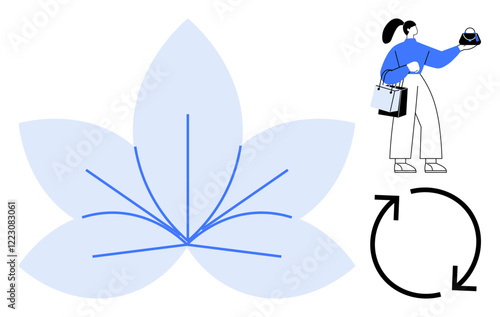 Woman holding a bowl and shopping bag, standing next to a large flower graphic and a circular arrow. Ideal for themes related to mindfulness, wellness, continuity, nature, consumerism, balance