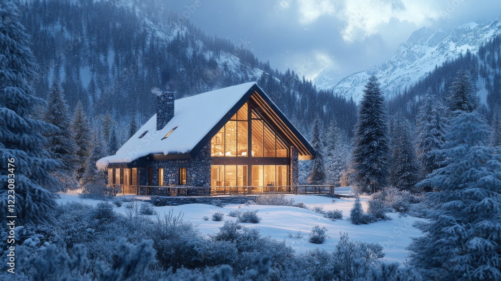 Cozy snow-covered cabin in serene mountain landscape at dusk Cozy snow-covered cabin in serene mountain landscape at dusk