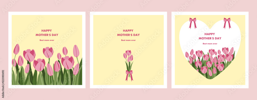 A charming set of Mother's Day cards with a blooming pink tulip garden represents the essence of love and gratitude for mothers. A charming set of Mother's Day cards with a blooming pink tulip garden represents the essence of love and gratitude for mothers.