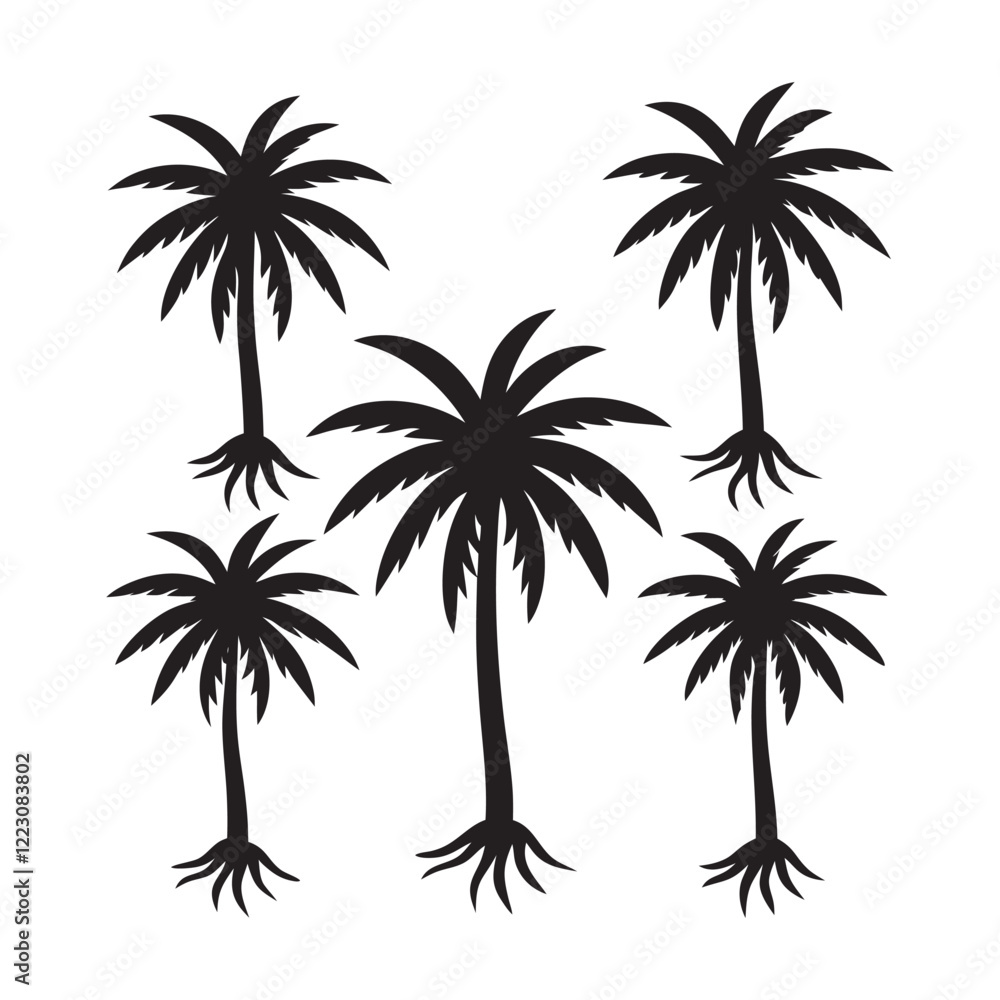 Fototapeta premium Set of palm tree silhouette vector icon illustration, tree, palm on white background.