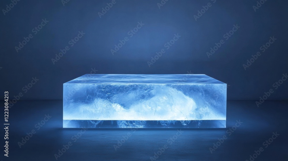 Illuminated ice block with blue light in dark room capturing frosty aesthetic Illuminated ice block with blue light in dark room capturing frosty aesthetic