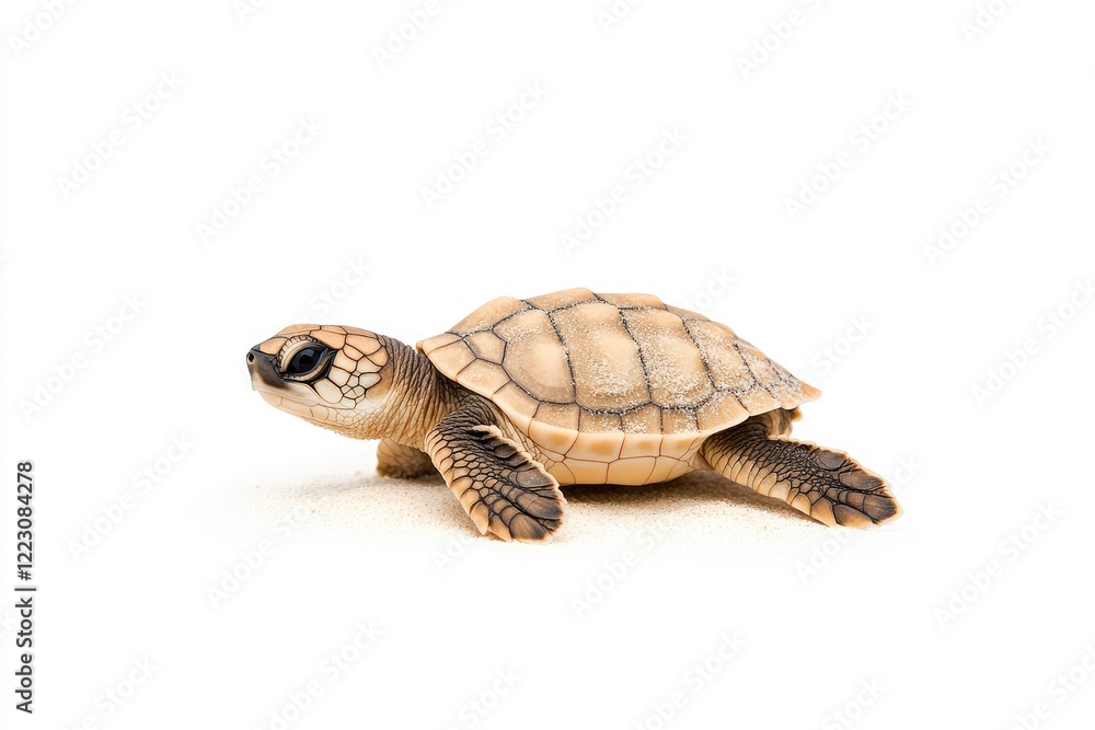 Obraz premium Newly hatched sea turtle crawling on sandy beach, with soft light illuminating its shell