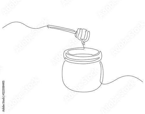 Continuous one line drawing of honey jar. One line drawing illustration of honey glass jar. Sweet pure honey concept single line. Editable outline