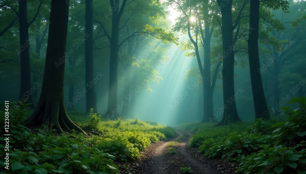 Obraz premium misty forest with towering trees and a winding path, pathway, serenity