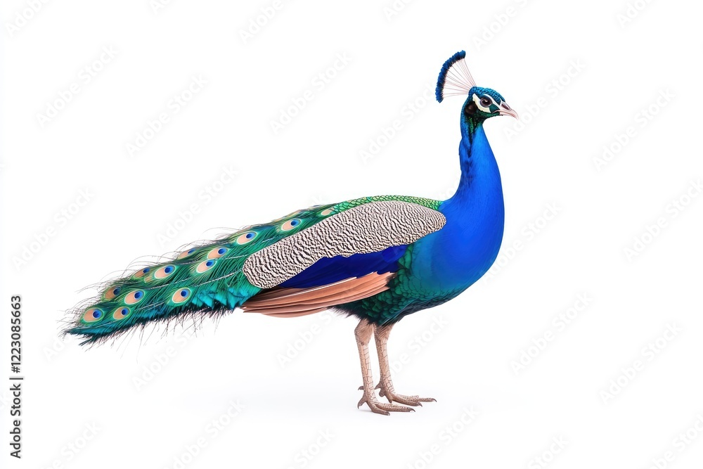 Fototapeta premium Vibrant peacock standing gracefully against a white background, showcasing its colorful plumage