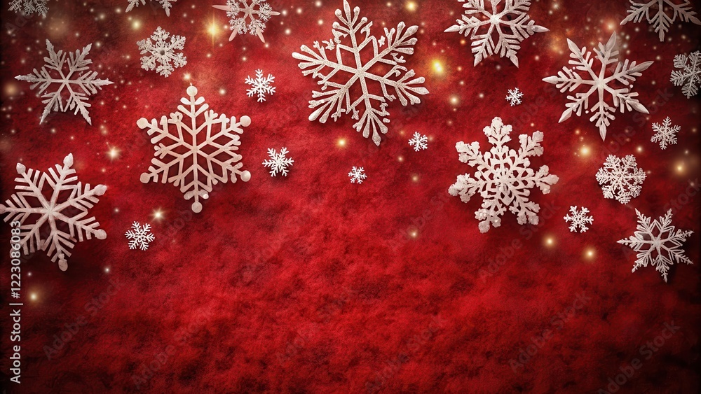 Snowflakes gently falling on a red velvet background creating a warm and cozy atmosphere, red, interior, red,interior,winter,decor Snowflakes gently falling on a red velvet background creating a warm and cozy atmosphere, red, interior, red,interior,winter,decor