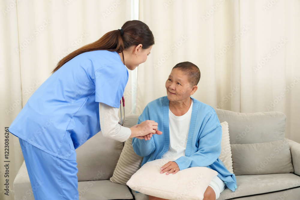Nurse assisting elderly woman to stand during home care session. Interaction highlights compassionate support, encouragement, and focus on physical recovery and patient mobility. Nurse assisting elderly woman to stand during home care session. Interaction highlights compassionate support, encouragement, and focus on physical recovery and patient mobility.