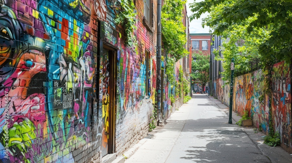 Fototapeta premium A vibrant graffiti wall featuring colorful street art and urban designs.