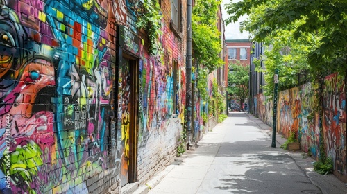 Fototapeta Naklejka Na Ścianę i Meble -  A vibrant graffiti wall featuring colorful street art and urban designs.