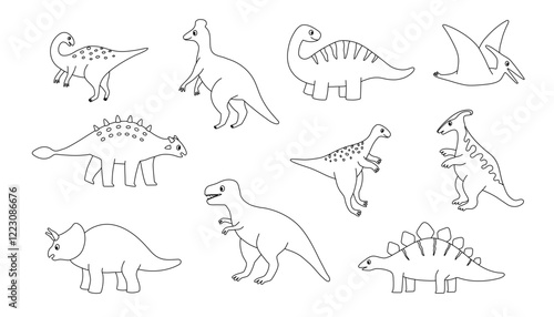 Set of outline dinosaur characters. Editable stroke. Design elements for print, greeting card, invitation, book. Isolated vector illustration